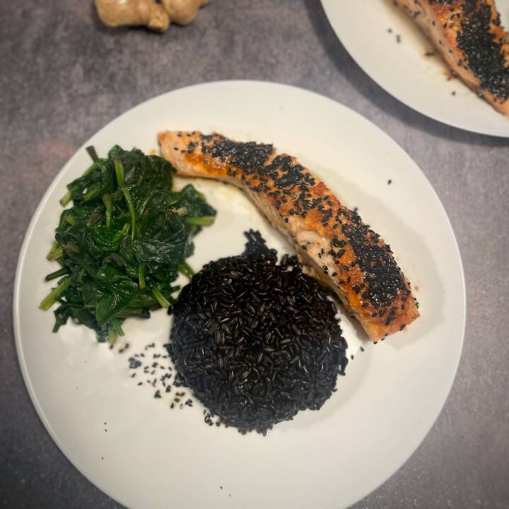 Teriyaki Salmon, Black Rice and Spinach