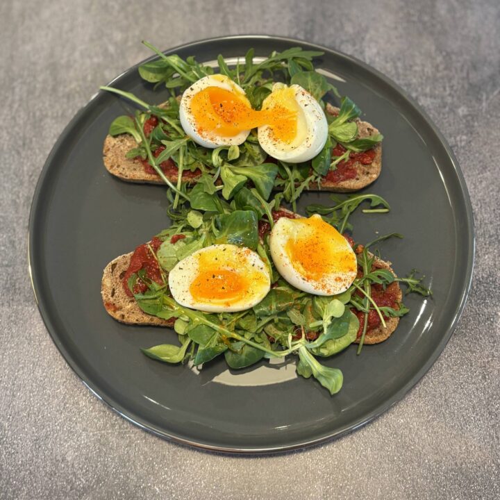Boiled Egg on Sourdough/GF with Aragula and Tomato paste