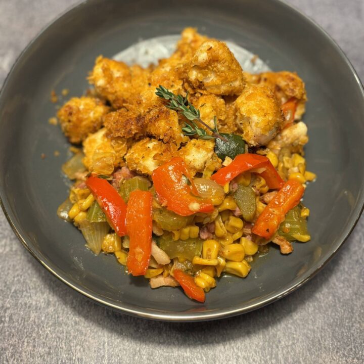 Crispy Cajun Chicken with Corn Maque Choux