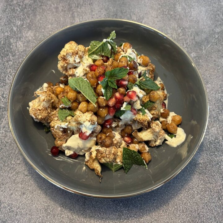 Moroccan Roasted Cauliflower & Chickpeas with a Tahini Dressing